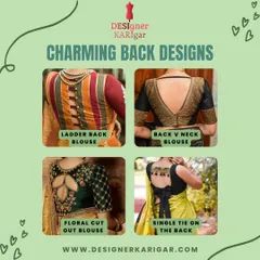 A collection of charming back designs for blouses. This includes a ladder back, a classic V-neck, a floral cut-out, and a simple tie-on back.