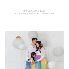 A family eagerly awaiting their new arrival in a dreamy rainbow-themed set. This image beautifully captures the love and excitement that a new baby brings to the entire family.