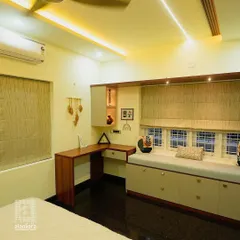 For this cozy bedroom nook, I installed custom-fit Roman blinds. Their clean, tailored appearance is perfect for smaller windows and complements the built-in desk and seating area, creating a functional and stylish space.