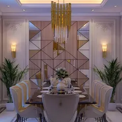 This formal dining room exudes elegance. The feature wall is a custom creation of wood and geometric mirror panels, complemented by wall sconces and a stunning crystal chandelier.