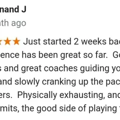 This review from a new player describes their great experience after just two weeks, praising the step-by-step guidance from our coaches and the physically rewarding nature of our training sessions.