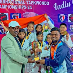 A proud moment as we receive the team trophy at the International Taekwondo Championships in Goa. This award belongs to every student, parent, and coach in the NMFA family.