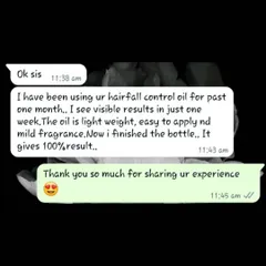 This user saw visible results in just one week with my hair fall control oil. She mentions it's lightweight, easy to apply, and gives a 100% result.