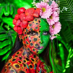 Our creative makeup courses push the boundaries of imagination. Here, a student has created a 'Nature's Fury' look, combining intricate body painting, custom prosthetics, and bold color theory.