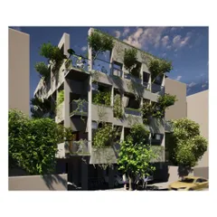 This render for our 'Coilspace' student hostel envisions a building where the facade is a living element. The design integrates extensive greenery, turning balconies and terraces into small gardens.