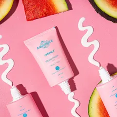 This image for Aqualogica's strobe cream uses texture smears and fresh watermelon slices to create a playful, summery vibe that's perfect for social media.