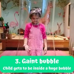 The Giant Bubble experience is one of our most popular party add-ons. Imagine the pure delight on your child's face as they get completely enclosed inside a massive, shimmering bubble. It's a moment of pure magic and makes for unforgettable photos.