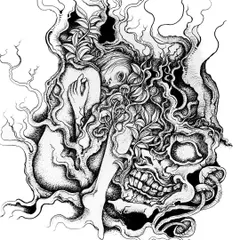 A surreal ink drawing about temptation, where a human figure is entangled with a skull and abstract, smoky tendrils. It's a reflection on the darker aspects of the mind.