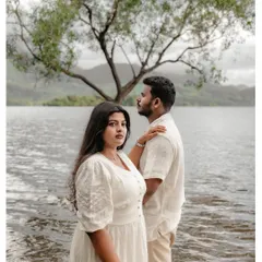 A serene and powerful couple portrait set against the beautiful backdrop of Kerala's backwaters. The calm water and dramatic sky create a cinematic feel for this save-the-date shoot.