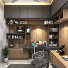 This home office design combines dark grey and natural wood tones for a sophisticated and professional look. The layout includes ample shelving for books and files, and a comfortable, well-lit workspace.