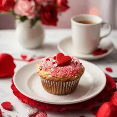 This image captures the romantic, Parisian essence of my café. A single Valentine's cupcake, adorned with a simple heart, is perfect for an intimate gesture and represents the smaller, heartfelt treats I offer.