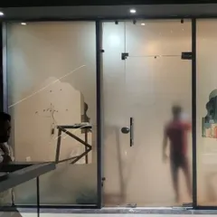 An in-progress shot of the storefront, where you can see the jharoka-inspired frosted glass design being marked out. This is a key step where our design concept begins to take physical form.