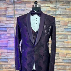 Our wine-colored patterned suit, shown here from the front. This five-piece ensemble is a fantastic rental option for wedding receptions, offering a rich color and modern design that stands out.