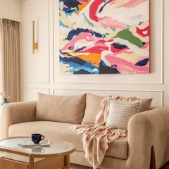 I love playing with color to bring energy into a room. This vibrant 5ft x 4ft abstract painting was commissioned for a residence in Mumbai, designed to be a joyful and dynamic focal point in their living space.
