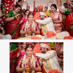 The pinnacle of a South Indian wedding ceremony, the tying of the thaali. We frame this pivotal moment to highlight the emotion and the surrounding celebration of family.