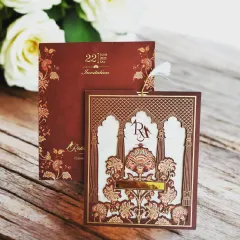 An example of my intricate laser-cutting work, this invitation is crafted from a sturdy MDF base. The detailed floral and architectural patterns create a stunning 3D effect, making it not just an invite, but a keepsake.