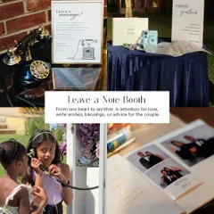 A 'Leave-a-Note' booth, where guests can share their love and wishes. We offer creative options like a vintage telephone for voice notes or a Polaroid guestbook for instant memories.