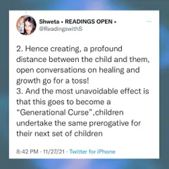A thought on generational curses. When parents refuse to accept they can be wrong, it creates a profound distance and the same patterns are passed down to their children.