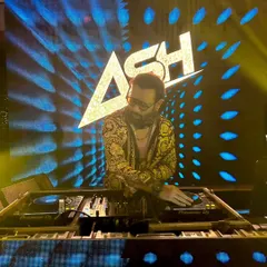 A great shot of me at the console with my logo and dynamic blue visuals lighting up the background. This setup is perfect for making a strong visual impact.