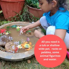 All you need is a tub, some rocks, animal figurines, and water to create your own pond ecosystem. This simple setup provides hours of learning and fun.