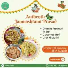 For Janmashtami, we offer authentic prasad options like Dhania Panjeeri, Coconut Barfi, and Vrat ki Mathi. All are prepared following traditional recipes and are perfect for fasting.