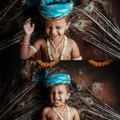 Capturing the full spectrum of a child's expressions is my goal. In this set, we see a joyful, open-mouthed laugh, showing the fun and comfort the child feels during the themed Janmashtami photoshoot.