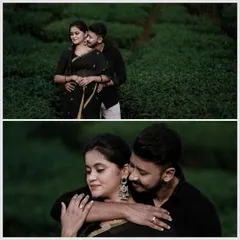 An intimate pre-wedding portrait session in a lush, green tea garden. The natural backdrop adds a serene and timeless quality to the photos.