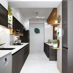 A full view of a parallel kitchen layout, demonstrating its efficiency for a narrow space. This design features dark grey handleless cabinets and a white marble-patterned backsplash, creating a modern and functional corridor.