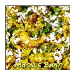 Masale Bhat is a one pot spiced rice dish that is both comforting and festive. Here it is garnished with fresh coconut and coriander, served as part of a Friday happy meal.