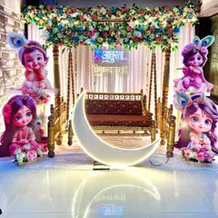 A full view of our godbharai decoration, showing how the character cutouts, swing, and floral arrangements create a complete and balanced stage for photos and ceremonies.