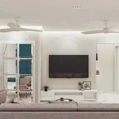 This concept showcases a completely integrated storage solution. The minimalist white TV unit is flanked by custom cabinetry, including a mirrored bar unit and a dedicated pooja (prayer) unit, demonstrating how I tailor designs to a client's specific needs.