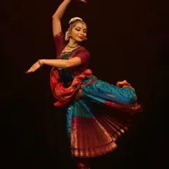 A moment of gratitude and joy on stage. This pose from my performance 'Viśvambhara' captures the energy of dancing to a live music ensemble, a truly special experience conceptualized by my guru, Sri P. Praveen Kumar.