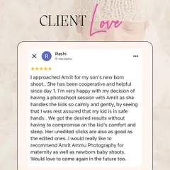 "I was rest assured that my kid is in safe hands." Rashi's review emphasizes the importance of safety and gentle handling, which is the cornerstone of my practice as a certified newborn photographer.