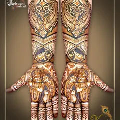 A complete bridal look featuring symmetrical Radha Krishna portraits on both palms. The design extends up the arms with matching peacock and elephant motifs for a cohesive and divine theme.