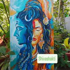 This piece, 'Shivashakti', represents the divine union of masculine and feminine energies. I used vibrant acrylics on a vertical canvas to capture the powerful yet harmonious connection between Shiva and Parvati, making it a statement piece for any space that values spiritual depth and color.
