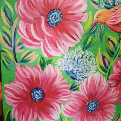 A close-up view of the layered petals and brushstrokes in my floral canvas painting. I use multiple shades to create depth and texture, making each flower come alive.