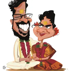 This wedding caricature captures the joyful essence of a South Indian ceremony. I focus on cultural details and happy expressions to make a timeless keepsake of your special day.