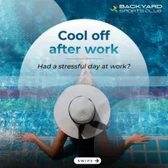 A promotional image suggesting a relaxing swim in our pool as the perfect way to cool off after a stressful day at work.