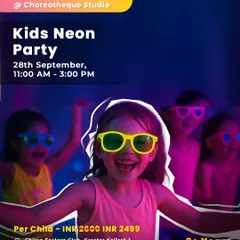 Another poster for the Kids Neon Party, a high-energy event with music, dancing, and glow-in-the-dark fun.