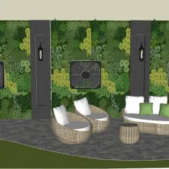 This 3D concept shows a cozy seating area on a terrace, with a green wall cleverly designed to hide outdoor AC units. This is how I blend functionality with beautiful design.