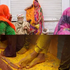 A comprehensive photo series from Lathmaar Holi in Barsana. These images document the unique tradition where women playfully hit men with sticks, recreating a legend of Lord Krishna and Radha. The photos are filled with motion, color, and raw emotion.