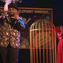 Creating a smoky, mysterious effect for a scene in 'Loot Kaand'. The stage was set up to look like a classic Indian magic show, or 'Mayajaal'.