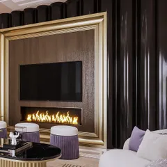 A close-up render of the entertainment unit, emphasizing the realistic texture of the wood-grain panel and the glossy finish of the surrounding black flutes. This level of detail helps clients appreciate material choices.