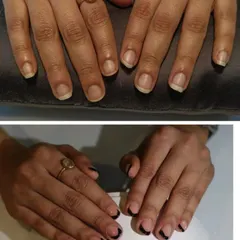 A modern take on a classic. This before and after shot shows how we can elevate natural nails with a strengthening overlay and a chic, edgy French manicure using black gel polish.