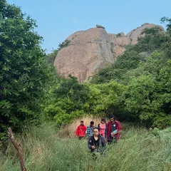 Our group trekking through the bushy trails of Uttari Betta, with the unique rock formations of the hill in the background.