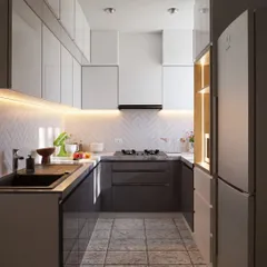 A 3D render of a compact and efficient U-shaped kitchen. The design uses a two-tone color scheme with glossy white upper cabinets to make the space feel larger, and darker lower cabinets for a grounded look.