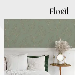 This floral wallpaper is perfect for a bedroom, featuring elegant golden branches on a calming sage green background. It adds a touch of nature and luxury, creating a peaceful and sophisticated sanctuary.