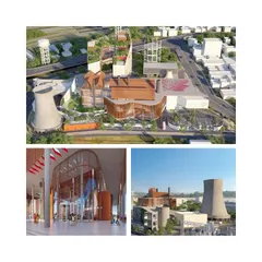 A collage of renderings for the Patna Power Museum, showcasing the project's exterior, interior, and overall site plan. This adaptive reuse project transforms an industrial site into a dynamic cultural campus with exhibition spaces, an auditorium, and educational rooms.