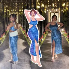 A glamorous night out during my bachelorette, captured in a side-by-side photo and digital illustration. The artwork highlights the cut and pattern of the dress, turning a photo into a fashion sketch.