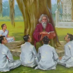A detailed view from my painting of Rabindranath Tagore, showing him teaching his students under a tree, embodying the true spirit of a Guru.